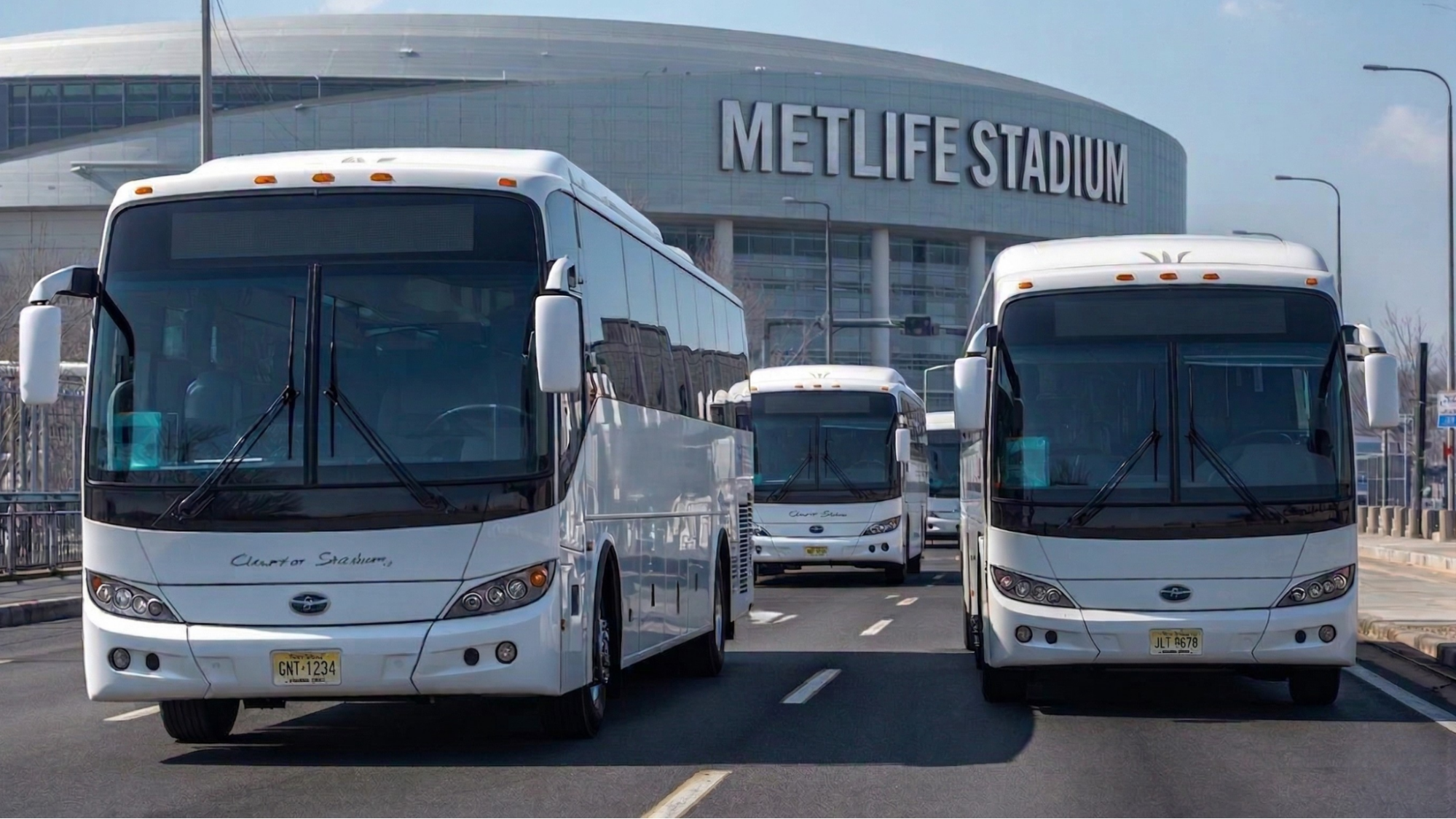 Group charter bus arriving at MetLife Stadium for the FIFA World Cup 2026 transporting fans from Westchester County