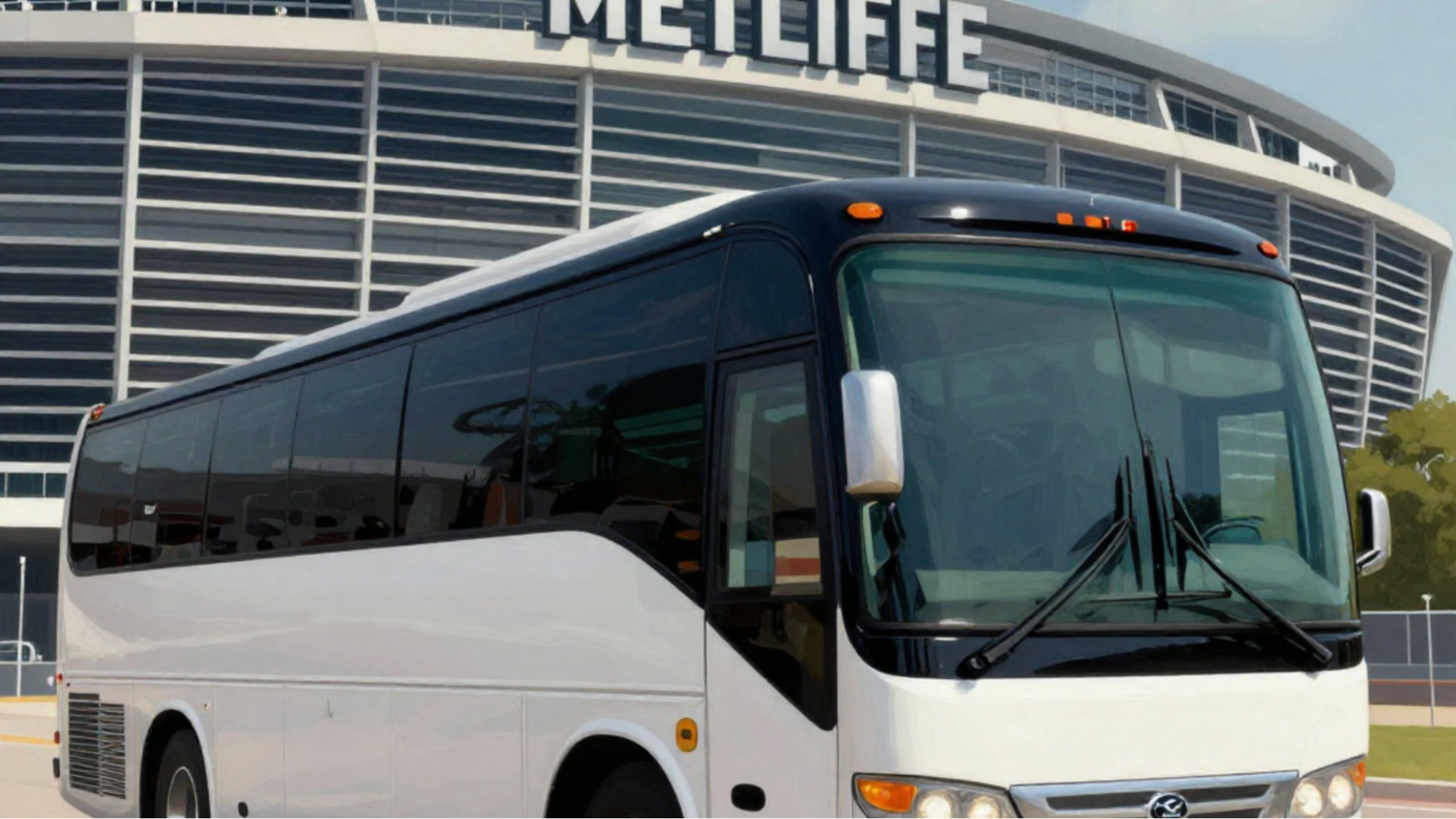 Westchester group arriving by charter bus at MetLife Stadium for the 2026 FIFA World Cup Final on July 19